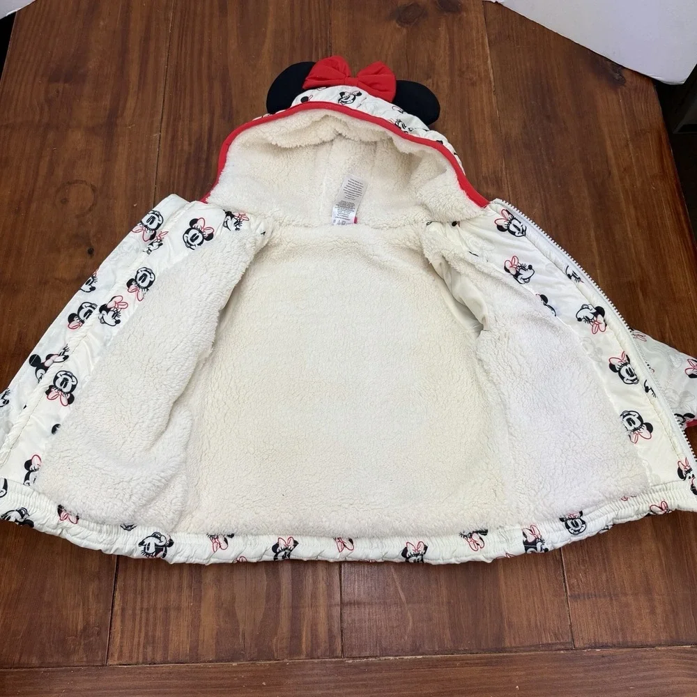 Disney Junior Minnie Mouse Hooded Puffer Jacket White Sherpa Sequin M Size 4T